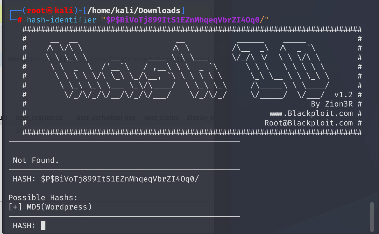 Terminal output of hashcat command attempting to crack hash with wordlist