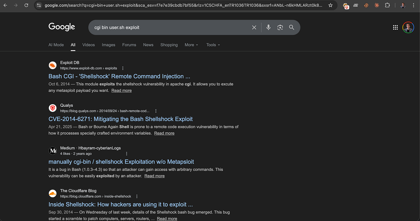 Google search results for cgi bin user.sh exploit showing Shellshock as the top result