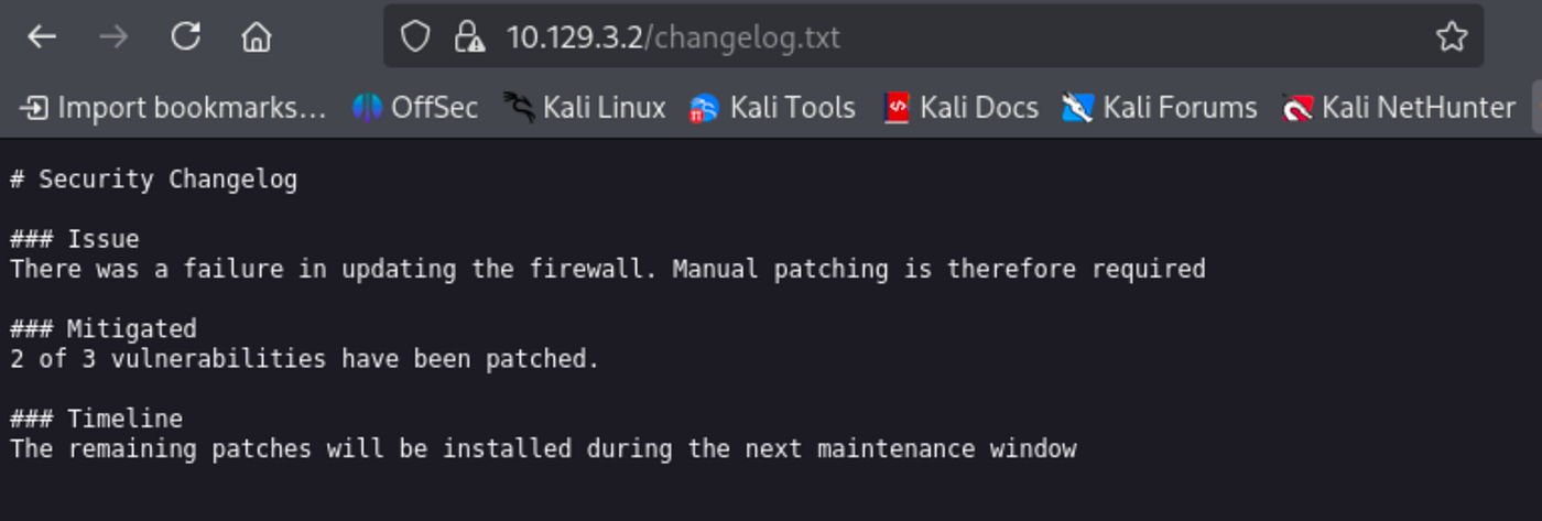 Browser showing content of https://10.129.3.2/changelog.txt with security changelog mentioning 2 out of 3 vulnerabilities patched.