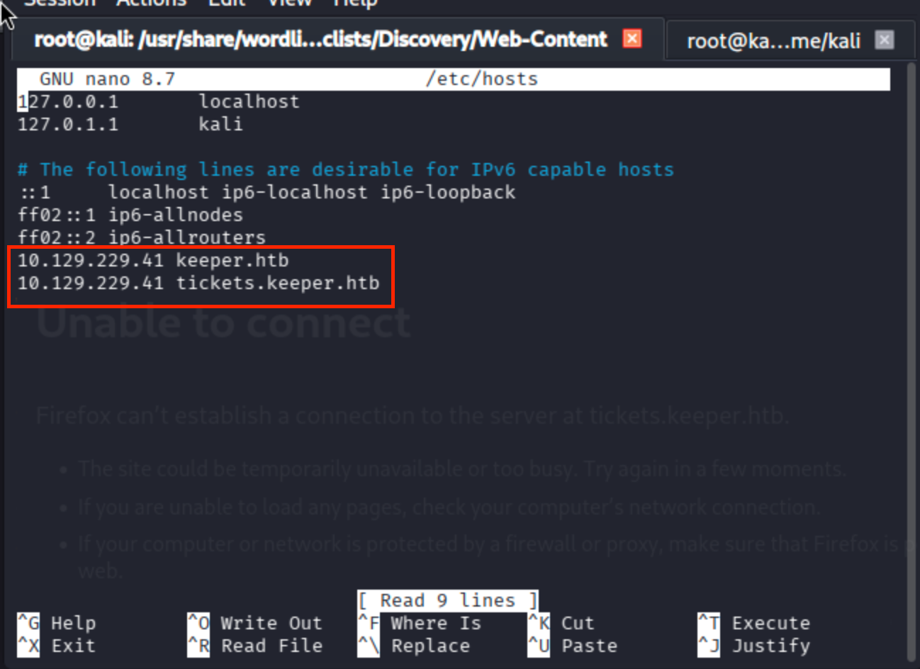 Terminal showing /etc/hosts file with added line '10.129.229.41 tickets.keeper.htb'.