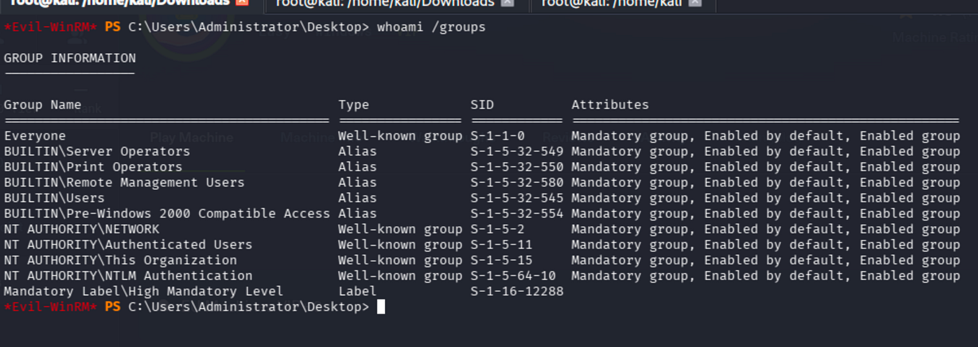 Evil-WinRM shell running whoami /groups showing svc-printer is member of Server Operators group