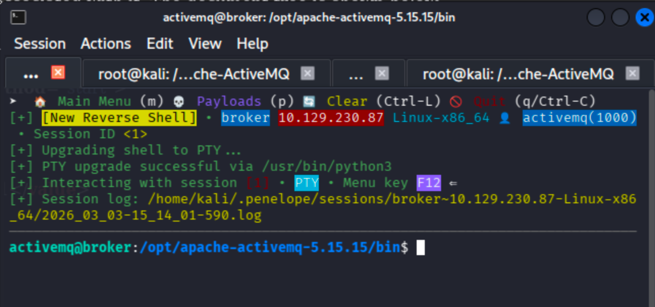 Terminal output showing the modified poc-linux.xml file content with ProcessBuilder bean for reverse shell.