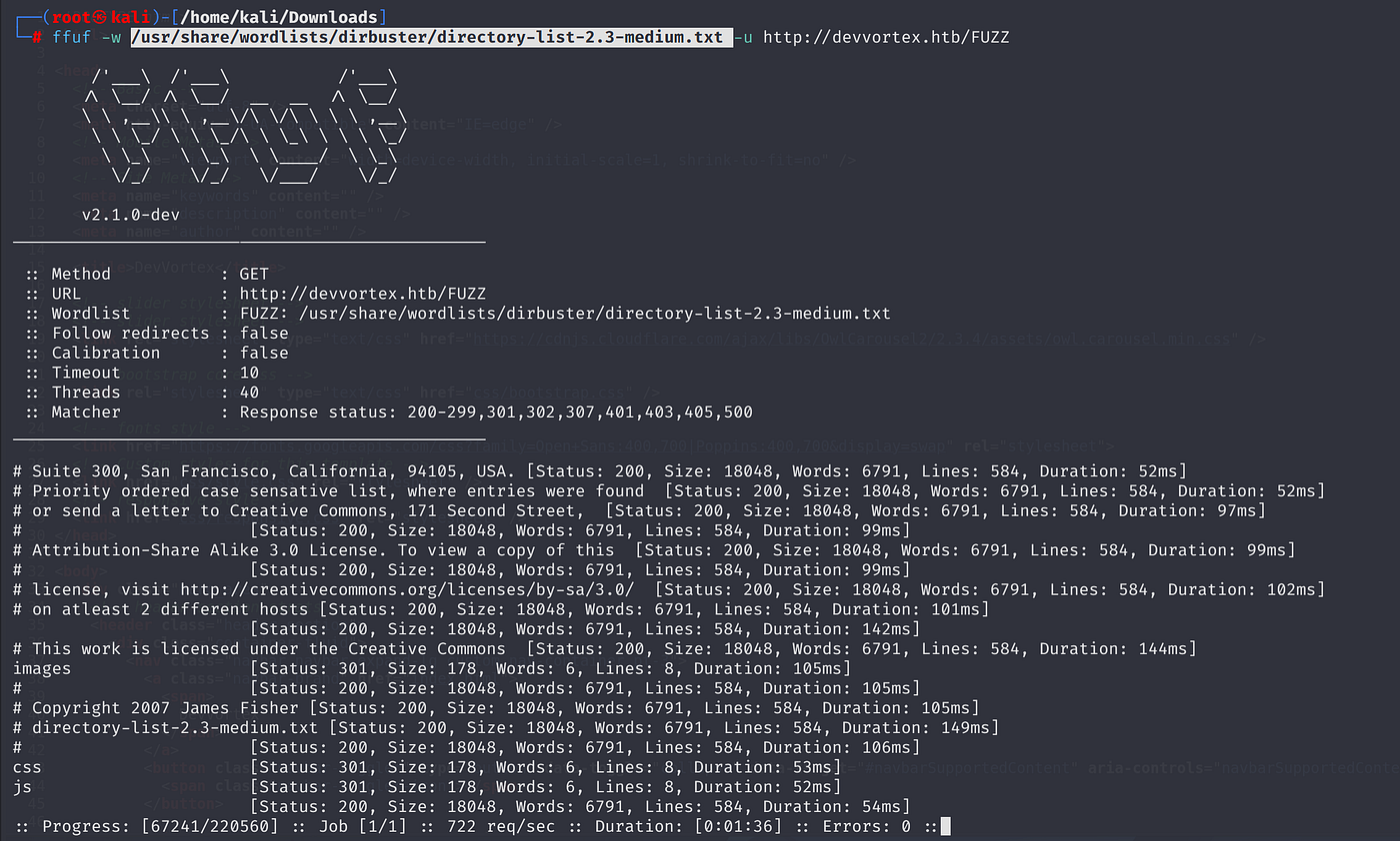 Terminal output of ffuf directory fuzzing on devvortex.htb showing many 200 responses with size 0, indicating trash results