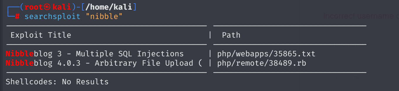 Terminal output of searchsploit nibble showing two exploit entries