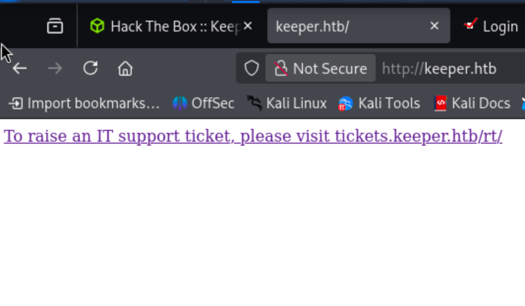 Web browser showing default nginx page for keeper.htb with link to tickets.keeper.htb.