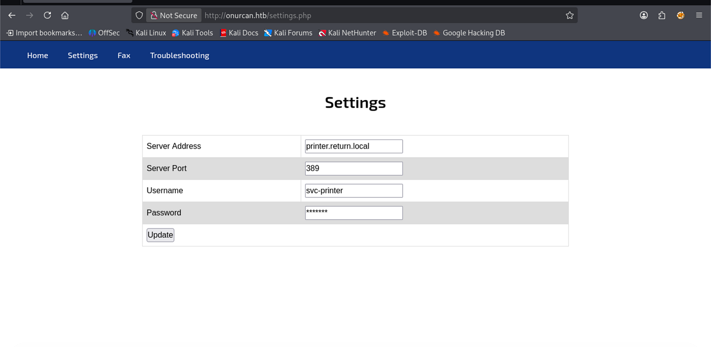 Printer Admin Panel Settings page with password field highlighted, showing attempt to update LDAP password