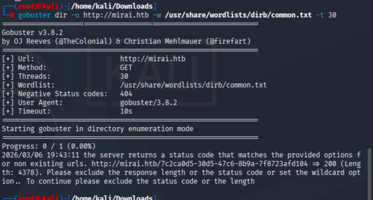 Terminal showing gobuster dir -u http://mirai.htb -w /usr/share/wordlists/dirb/common.txt -t 30 with errors.
