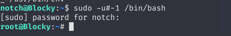 Terminal output of sudo -u#-1 /bin/bash showing root shell prompt