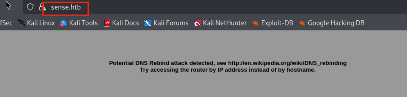 Browser showing pfSense DNS rebinding error page when accessing https://sense.htb.