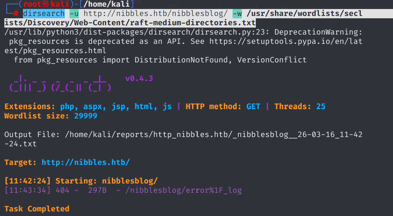 Terminal output of dirsearch scan on /nibbleblog/ showing 404 errors