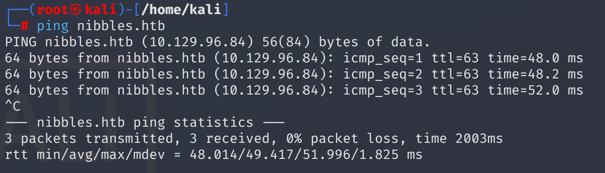 Terminal output of ping nibbles.htb showing replies with TTL and time