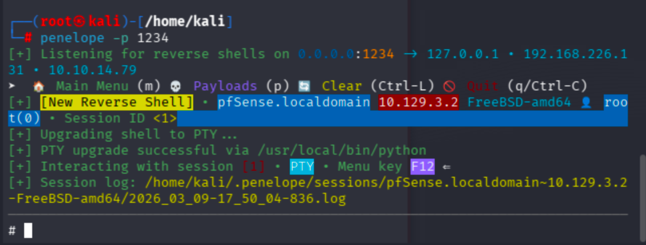 Terminal output of Penelope shell handler showing upgraded PTY session with root prompt.