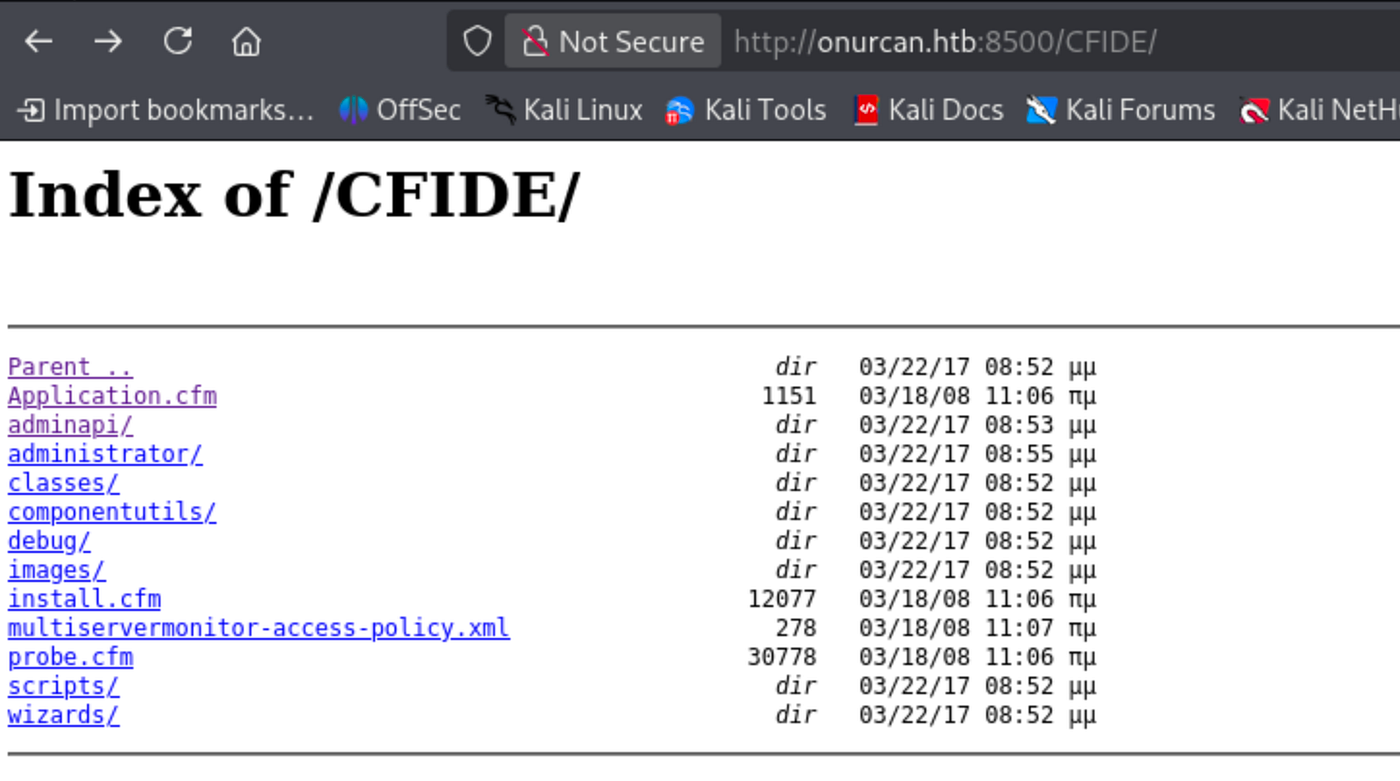 Browser window showing directory listing of onurcan.htb:8500/CFIDE with adminapi and administrator directories.
