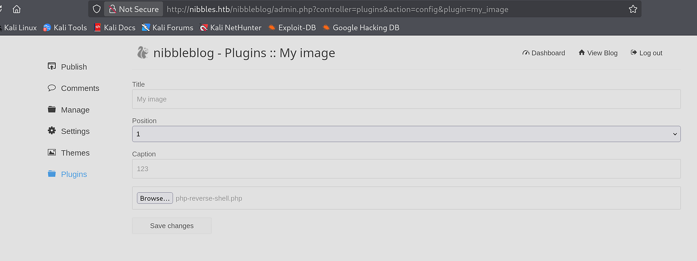Browser showing Nibblesblog admin plugin configuration page with my_image plugin