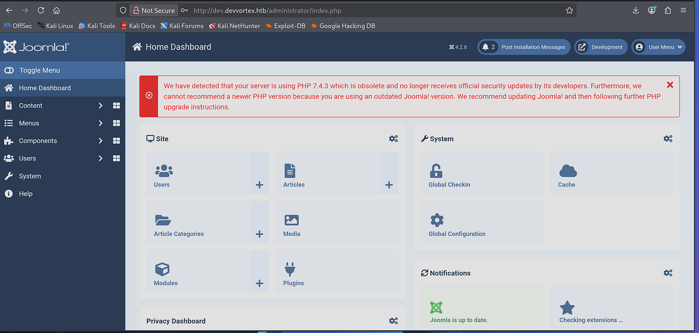 Joomla admin panel dashboard after login, showing control panel and menu options