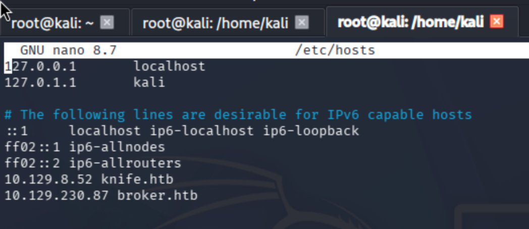 nano /etc/hosts editor showing broker.htb mapped to 10.129.230.87, with Ctrl+S and Ctrl+X hints at bottom.