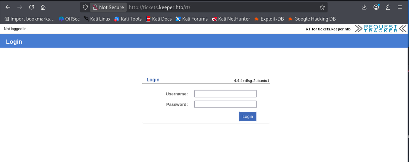 Web browser showing Request Tracker login page with default credentials root:password entered.