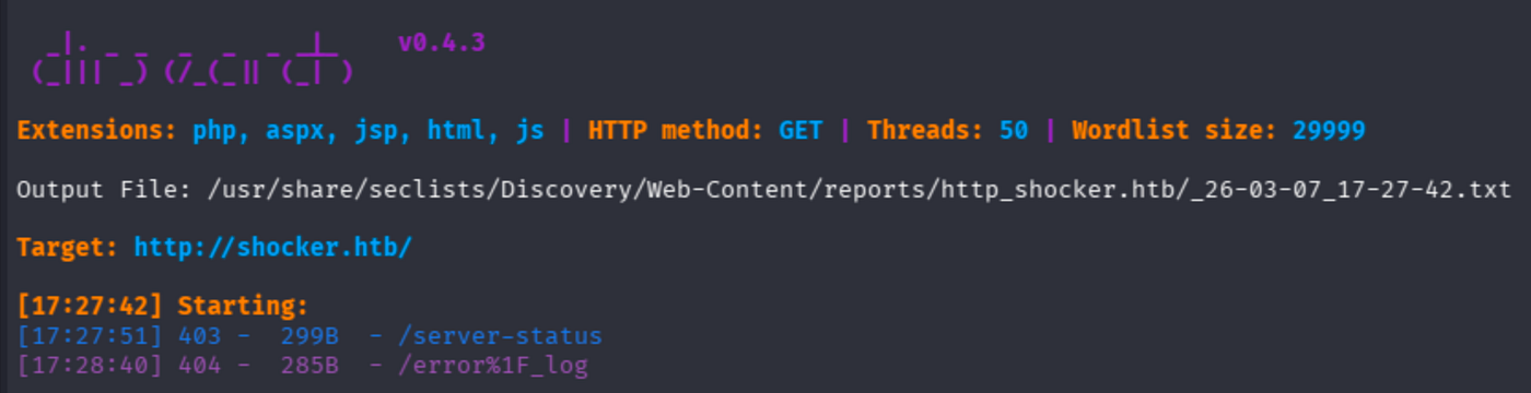 Terminal output of dirsearch -u http://shocker.htb -w /usr/share/seclists/Discovery/Web-Content/raft-medium-directories.txt -t 50 showing 200, 403, an