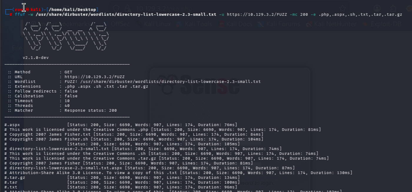 Terminal output of ffuf with lowercase wordlist showing similar false positives.