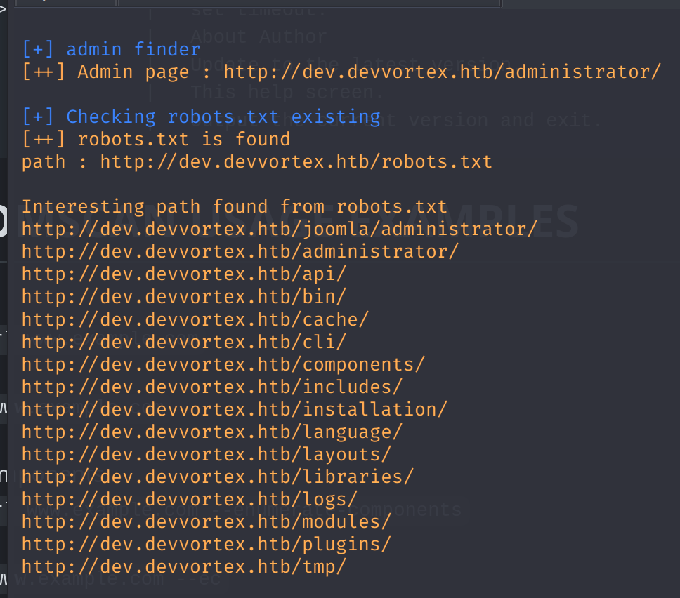 Terminal output of perl joomscan.pl -u http://dev.devvortex.htb showing Joomla version 4.2.6 and other details