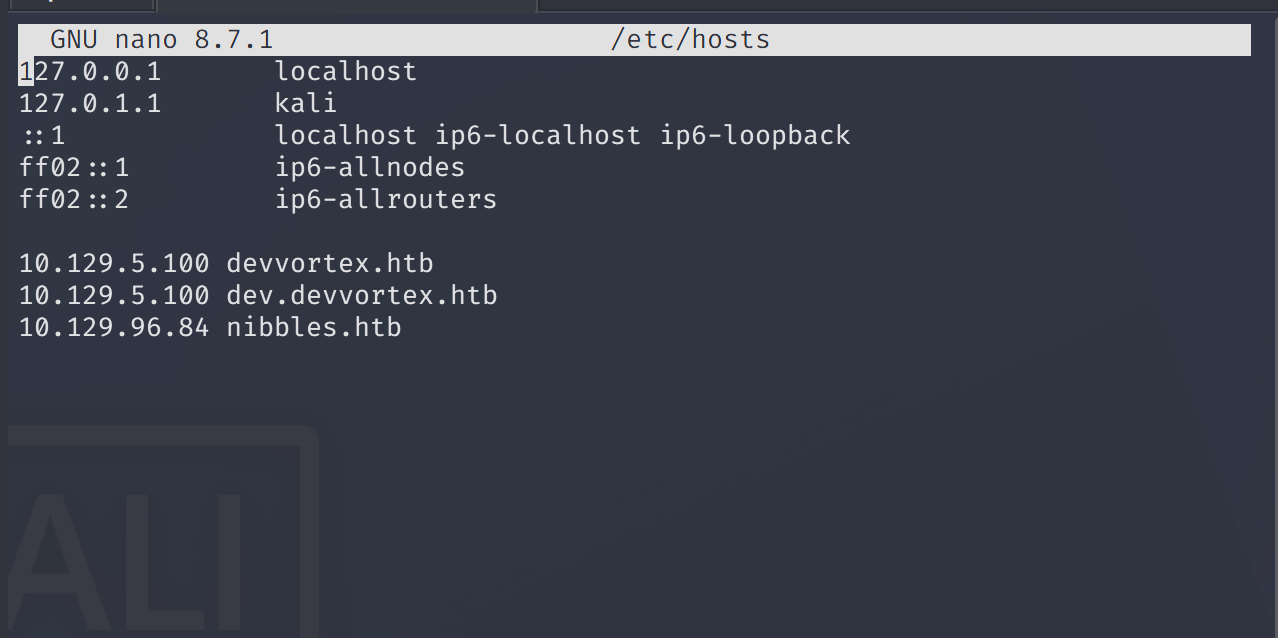Terminal window showing /etc/hosts file with entry 10.10.10.75 nibbles.htb