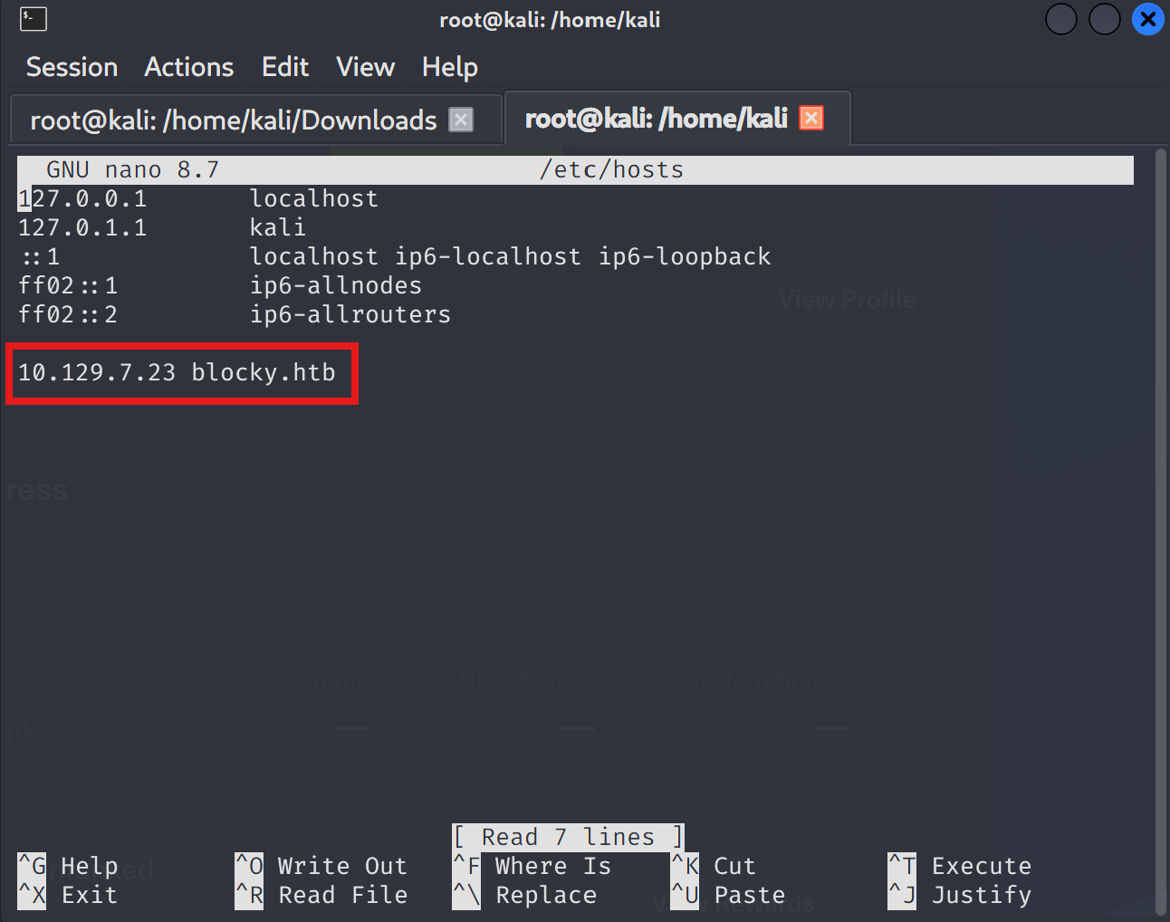 Terminal window showing nano /etc/hosts with blocky.htb mapped to 10.10.10.37