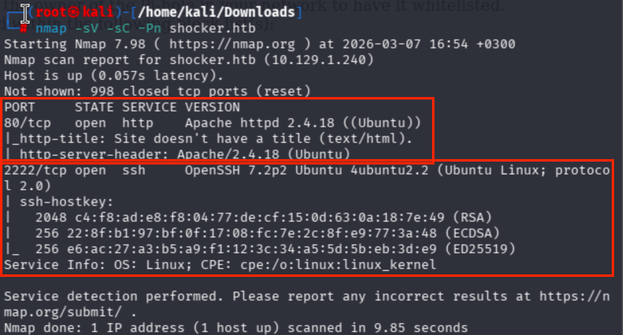 Terminal output of nmap -sV -sC -Pn shocker.htb showing open ports 80 and 2222