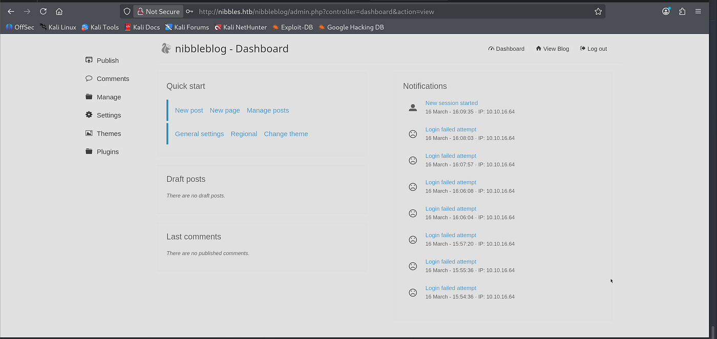 Browser showing Nibblesblog admin login page with error message for failed login