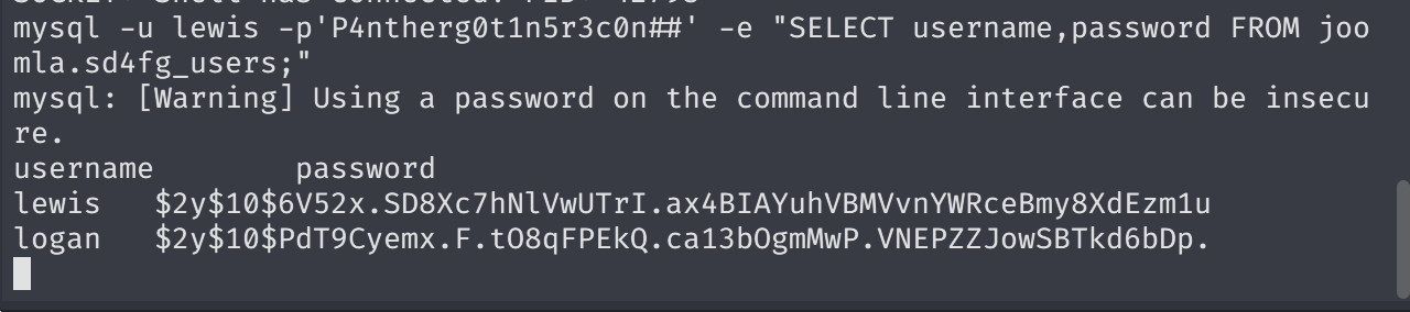 Terminal output of mysql command showing two bcrypt hashes for lewis and logan