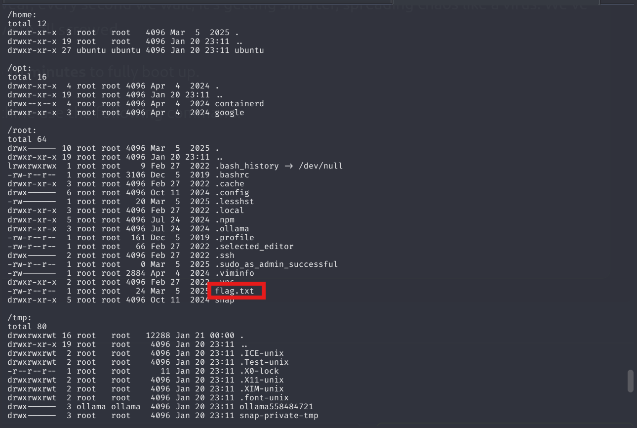 Terminal session with Evil-GPT showing root prompt and AI response displaying contents of flag.txt with the flag value.