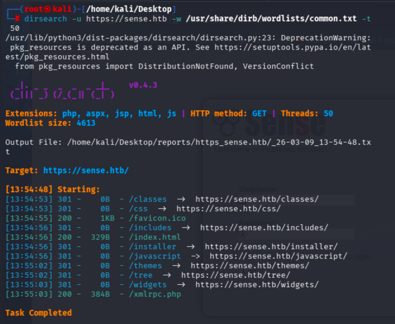 Terminal output of dirsearch -u https://sense.htb -w /usr/share/dirb/wordlists/common.txt -t 50 listing pfSense paths like /classes, /css, /includes,