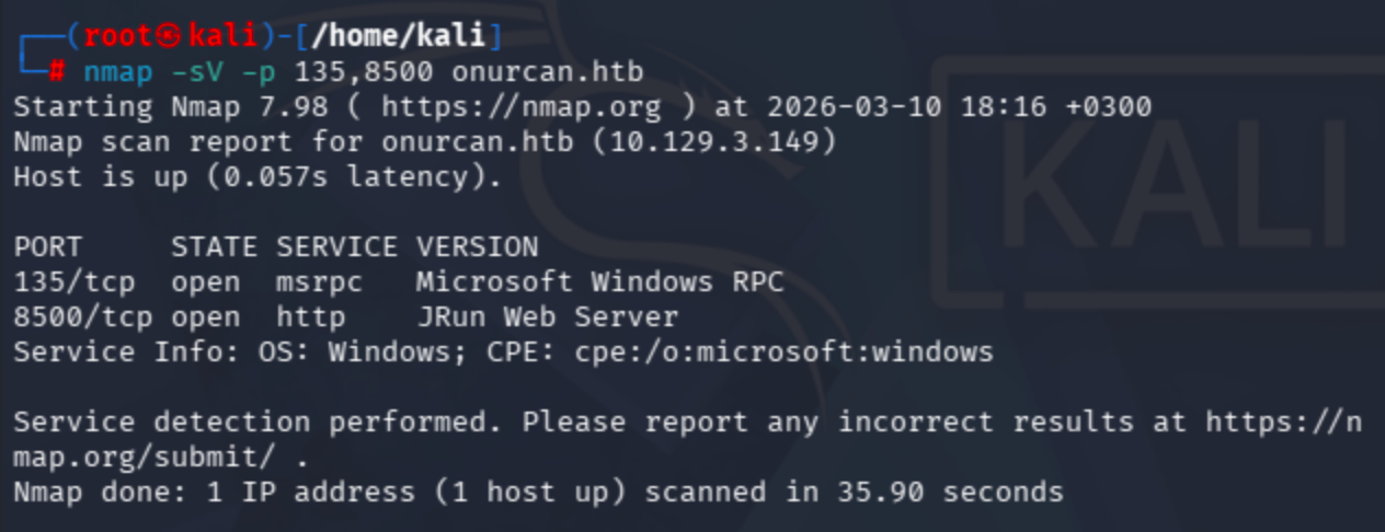Terminal output of nmap -sV -p 135,8500 onurcan.htb showing port 8500 running JRun Web Server.