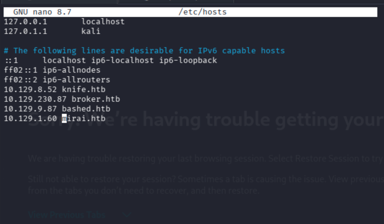 nano /etc/hosts with mirai.htb mapped to 10.10.10.101 in the hosts file.
