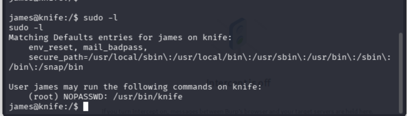 Terminal output of 'sudo -l' showing user james can run /usr/bin/knife as root without password.