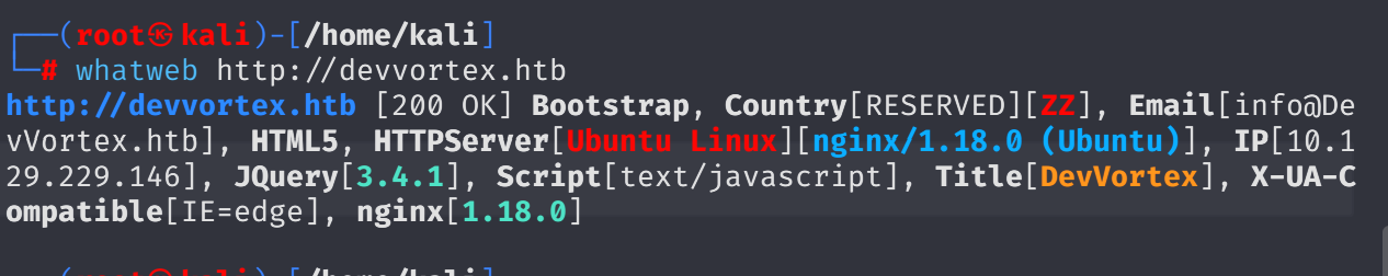 Terminal output of whatweb http://devvortex.htb showing title, HTTPServer, and other web technologies