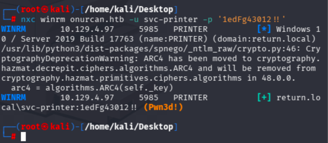 NetExec WinRM authentication output showing svc-printer successfully authenticated with Pwn3d! status