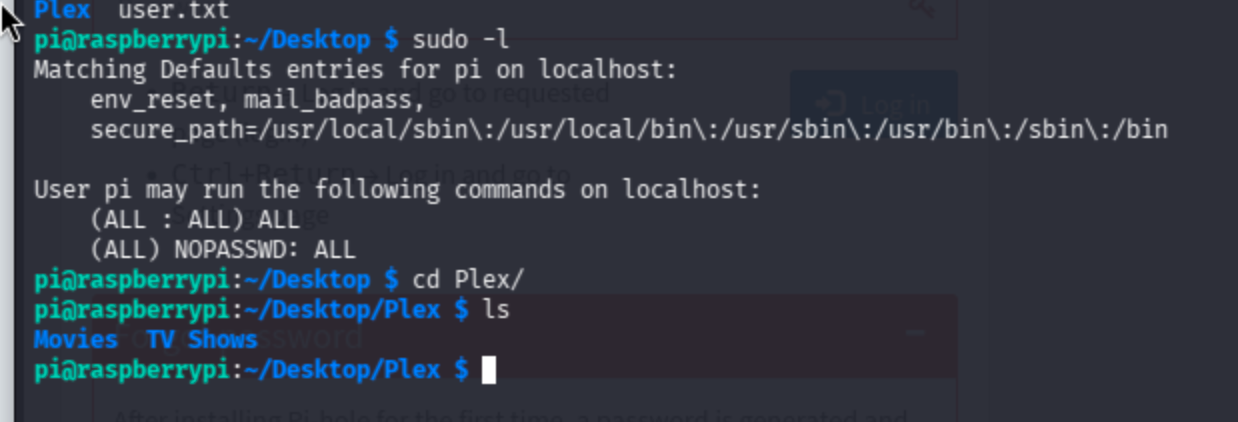 Terminal showing user.txt file in /home/pi/Desktop and sudo -l output with NOPASSWD: ALL.