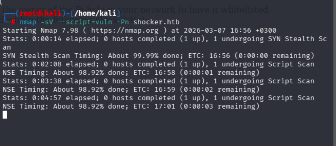 Terminal output of nmap -p- --min-rate 5000 -Pn shocker.htb showing only ports 80 and 2222 open