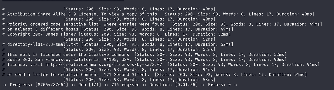Terminal output of ffuf fuzzing showing directory results with status codes