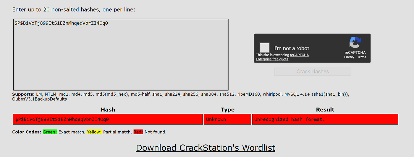 hashes.com website showing hash identification result as unknown or not found