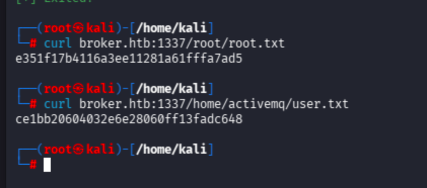 Terminal output of curl broker.htb:1337/home/activemq/user.txt and curl broker.htb:1337/root/root.txt showing flag contents.